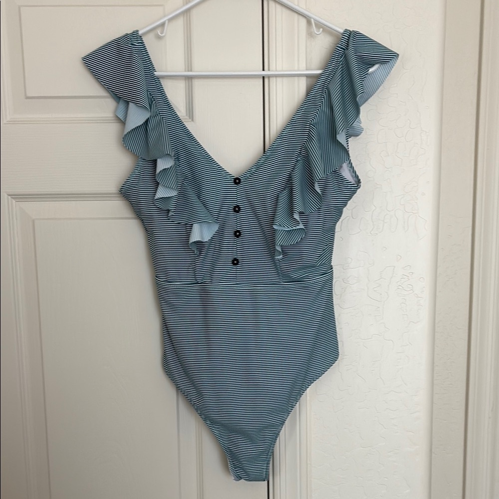 Blue Ruffled Bodysuit One Piece. L
